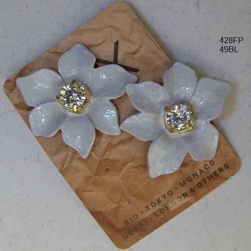 Brinco esmaltado flor 38mm azul branco leitoso miolo pedra redonda cristal 1Par