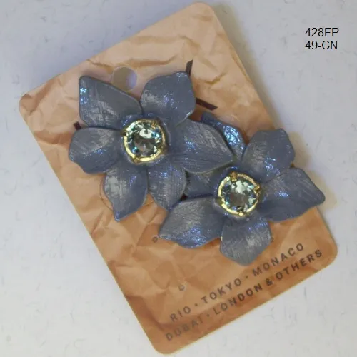 Brinco esmaltado flor 38mm cinza silver miolo pedra redonda aqua 1Par