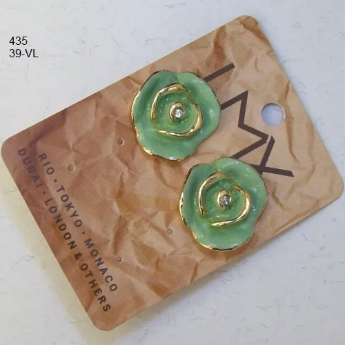 Brinco esmaltado flor 20mm verde e dourado miolo strass cristal AB 1 Par