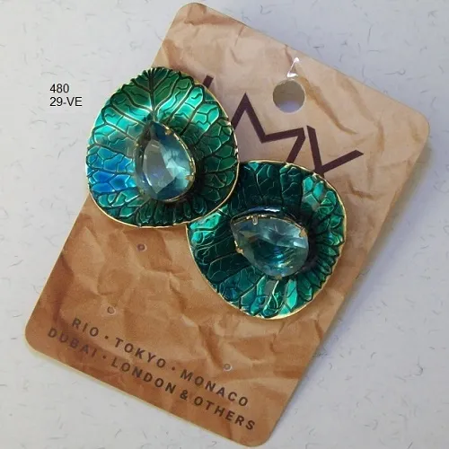 Brinco esmaltado folha 30X28mm verde green miolo gota blue 1Par