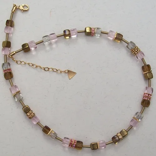 colar pedra geo c�bica theca 52cm ref.5 dourado rose com metais dourados. 1 pe�a.