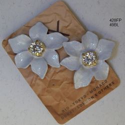 Brinco esmaltado flor 38mm azul branco leitoso miolo pedra redonda cristal 1Par