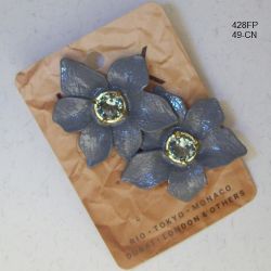 Brinco esmaltado flor 38mm cinza silver miolo pedra redonda aqua 1Par