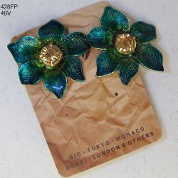 Brinco esmaltado flor 38mm verd esmeralda miolo pedra redonda light peach cristal 1Par