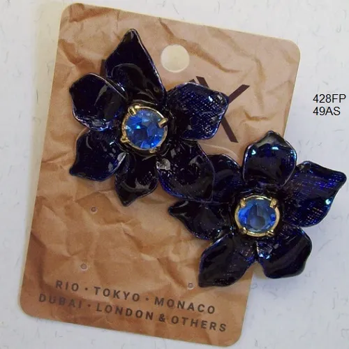 Brinco esmaltado flor 38mm azul safira miolo pedra redonda aqua 1Par