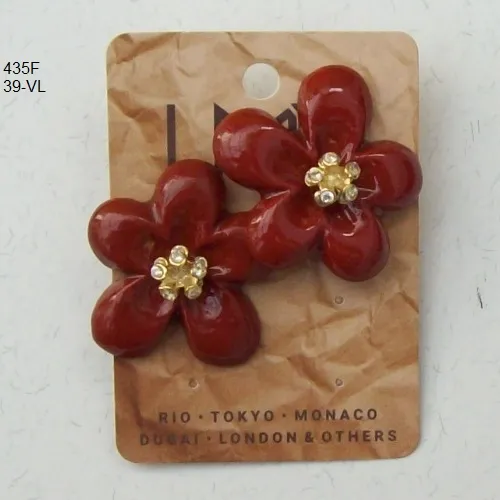 Brinco esmaltado flor vermelho escuro leitoso 35mm miolo strass 1 par