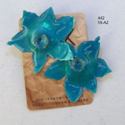 Brinco esmaltado flor 50mm azul miolo pedra redonda 1 par