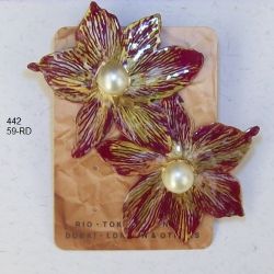 Brinco esmaltado flor 50mm roxo rajado de dourado miolo p�rola 1 par