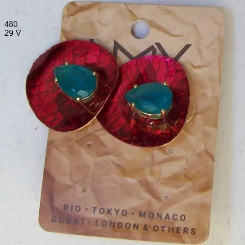 Brinco esmaltado folha 30X28mm vermelho red miolo gota green 1Par