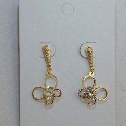 brinco zirc�nia redonda 7mm com gota e flor 35x20mm em metal dourado  com pino e tarraxa. 1 pe�a