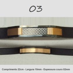 Pulseira couro com apliques inox masculina metais dourados e negros e fecho prateado. 1 unidade.
