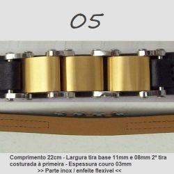 Pulseira couro com apliques inox masculina flex�vel em metal dourado. 1 unidade.